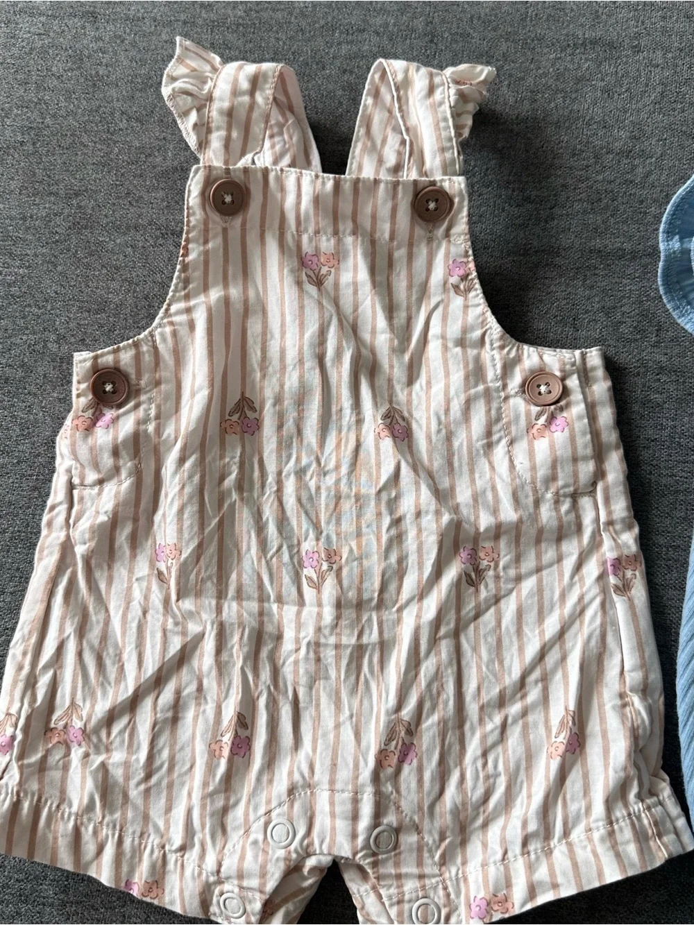 Unbranded Girls' Blue Ribbed Romper and Cream Floral Stripe Romper Set